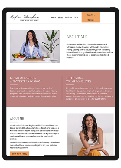 Before redesign: a woman's nutritionist website design featuring a simple layout and calming color scheme.