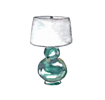 A painted turquoise globe lamp with a white shade.