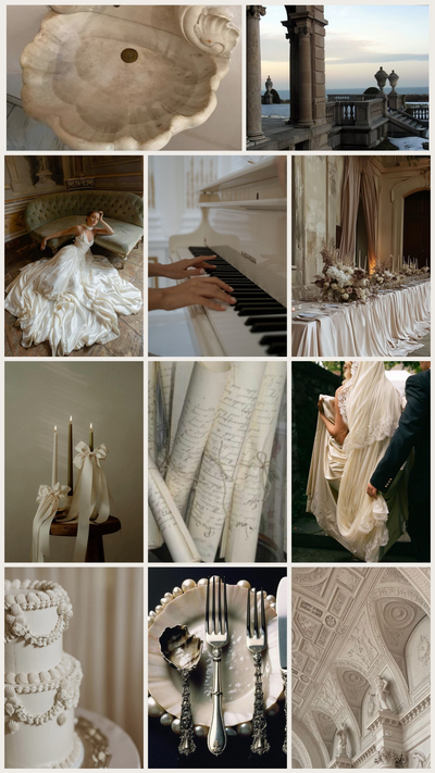 Heirloom Grandeur wedding mood board featuring regal florals, timeless details, ornate architecture, and a legacy-inspired aesthetic.