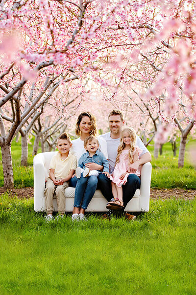 Mom and Dad sitting on a white couch with their two sons and daughter in the cherry blossoms for their family photos.