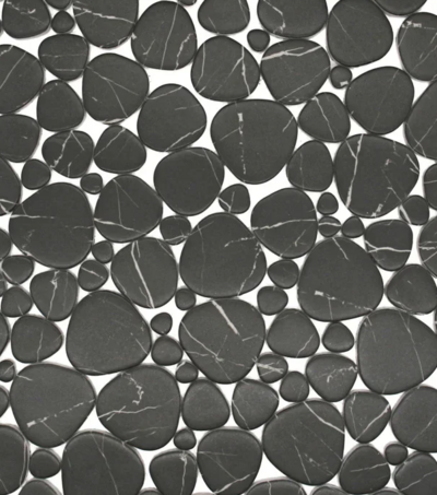 Black and tan pebble shaped pool tile.