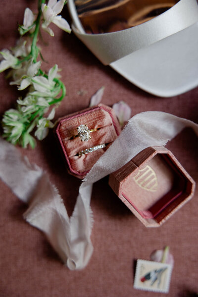 wedding detail shot of rings ribbons flowers and shoes