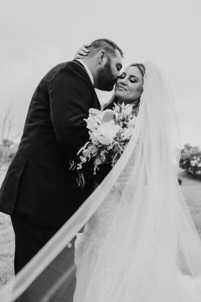 Black and white photo of groom kissing bride on cheek surrounded by veil by Iowa City wedding photographer Sabrina Wilham