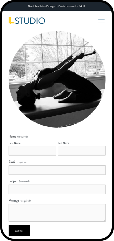 iPhone mockup of L Studio Pilates Contact page featuring a woman practicing pilates within a circle shhape