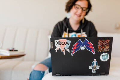 Copywriter Sara Gillis typing on computer