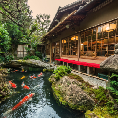 A koi pond and traditional Japanese architecture in Kyoto, Japan
