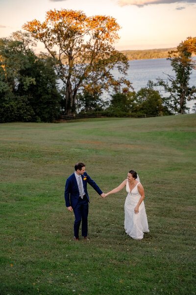 A newlywed couple hugging