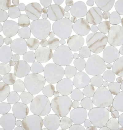 White and tan pebble shaped pool tile.