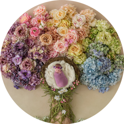 beautiful flowers with newborn in basket