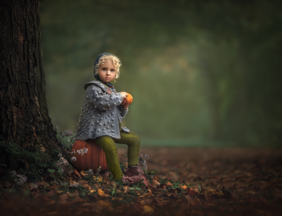 "Autumn photo – little girl sitting on pumpkin with joyful smile"