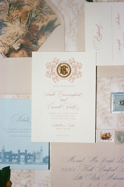 Picture of the wedding flatlay showing off the couples inviations