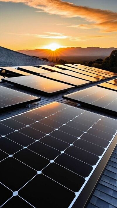 solar panels on roof with sun setting