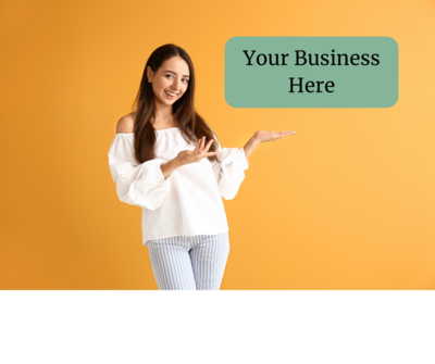 Smiling woman holding "Your Business Here" sign in Yarmouth, NS

