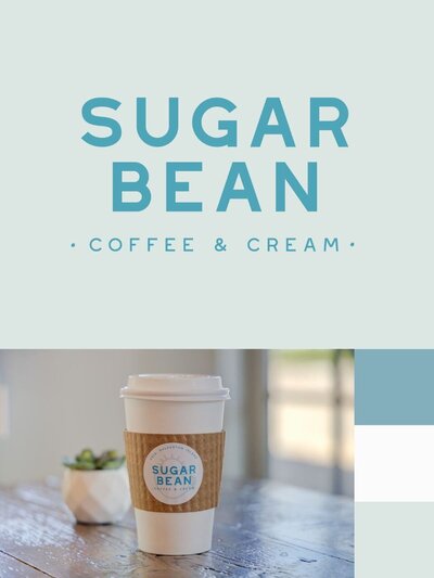 Sugar Bean logo mockup on soft mint background, with coffee cup and branded sticker sleeve, showcasing cohesive brand colors and style.