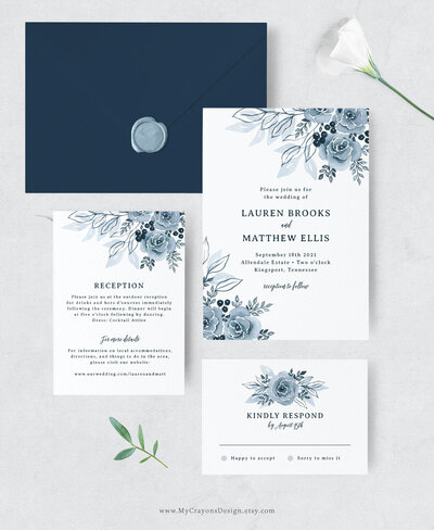 dusty blue wedding invitation set with watercolor flowers