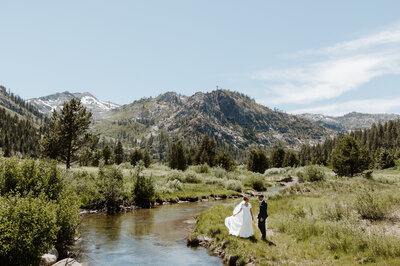 A couple holding hands and walking through tall golden grass in a hidden Lake Tahoe meadow during their elopement.