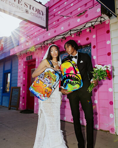 Two models in graphic bridal runway looks — creative special bridal makeup by MaKall
