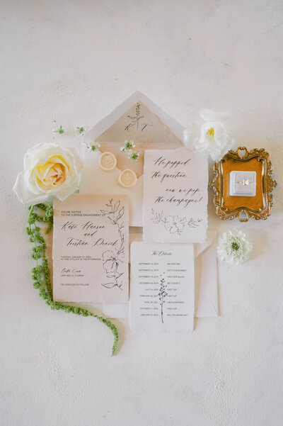 Wedding stationery with yellow flowers, vintage frame, and cream-colored invitations