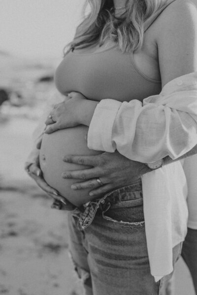 Natural Candid Documentary Family Maternity Baby Pregnancy Announcement Photo shoot at La Jolla Windansea beach at sunset - Couples Mom and Dad San Diego Maternity Photographer