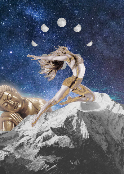 Illustration of a dancer leaping in front of a mountain background with moon phases above