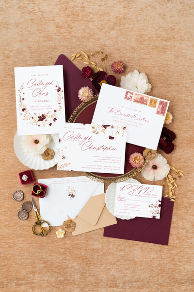 Fall floral, fall wedding invitation suite for South Coast Winery wedding, save the date with burgundy envelopes, tan envelopes, vintage postage