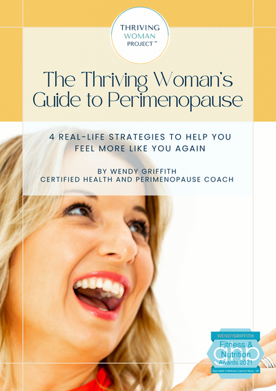 Cover of “The Thriving Woman’s Guide to Perimenopause” from The Thriving Woman Project. Includes the subtitle “Understand what’s really going on in your body in midlife,” with an image of a woman sitting peacefully in nature, holding a mug, eyes closed.
