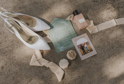 Elegant flat lay with invitation suite