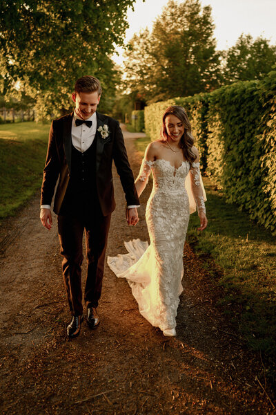 Wedding Portrait of couple in the grounds at Barn at Bury Court.