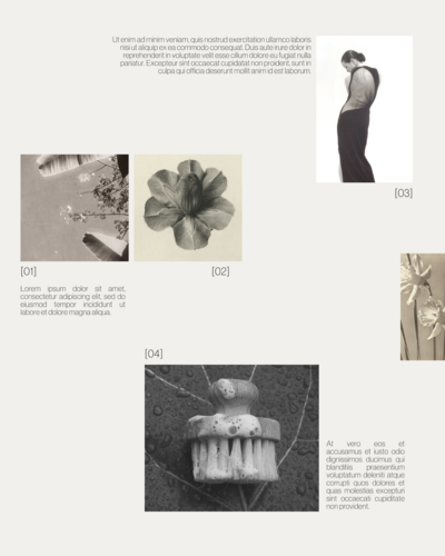 Social media template featuring floral black and white photography and placeholder text on a off white background. The images have numbered labels and clean, minimal layouts.