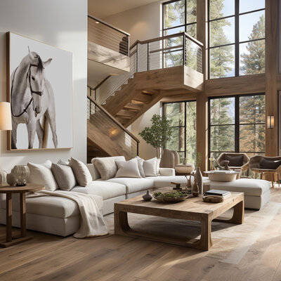 Large wall portrait of horse in a modern mountain living room.