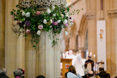 Church columns decorated with flowers