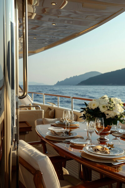 Elegant outdoor dining area on a yacht at sunset, with a set table featuring flowers, glassware, and plates, overlooking calm water and distant hills.