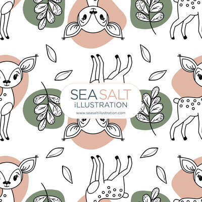 Black and white deer and leaf illustrations on green and pink shapes
