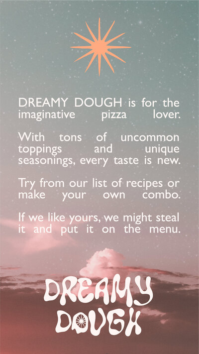 sunset sky with dreamy dough pizzeria logo and philosophy statement