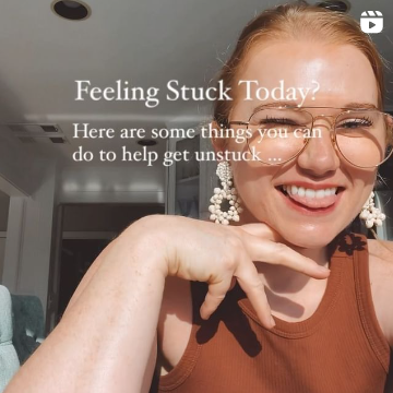 Instagram reel image - feeling stuck today? over a woman smiling with fun earrings