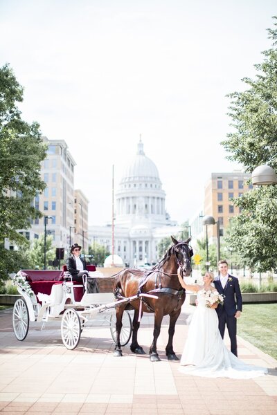 Horse Drawn Carriage and Bride and Groom Standing in Front of The Capital in Madison, Wisconsin