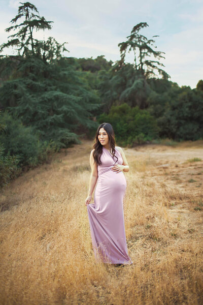 A pregnant woman stands in an open field, surrounded by tall grass and trees. She is wearing a form-fitting, sleeveless lavender dress that accentuates her baby bump. With one hand resting on her belly and the other holding the hem of her dress, she gazes off into the distance. The natural scenery and soft lighting create a serene and peaceful atmosphere.