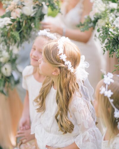 flower girls stand by bride in the smoky mountains 