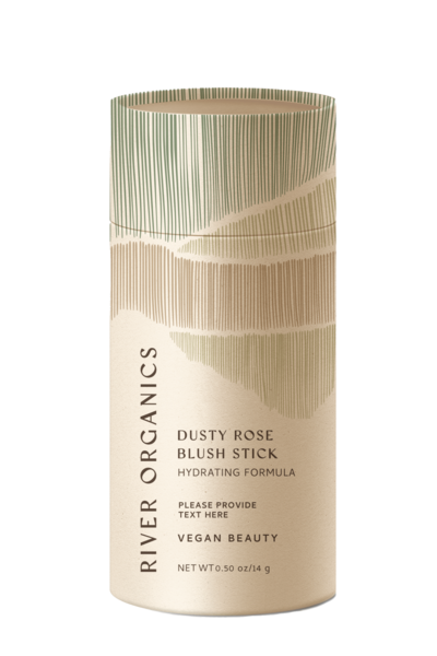 A cylindrical container of River Organics' Dusty Rose Blush Stick, featuring minimalist, eco-friendly packaging with soft green and beige tones. The label highlights the product’s hydrating formula and vegan beauty benefits, emphasizing its clean and natural ingredients
