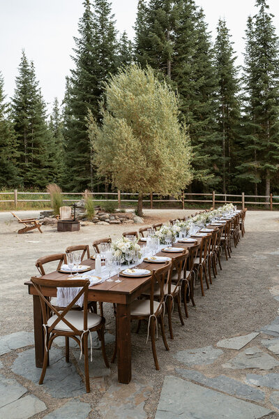 A long wooden table set for an outdoor elopement dinner, styled with white linens and floral centerpieces, surrounded by pine trees and mountain air.