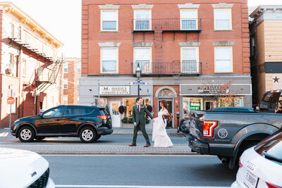 Wedding photos at Olio Peabody featuring exposed brick, natural light, and romantic portraits.