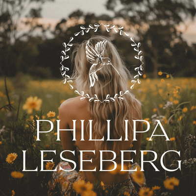 A person sits in a field of yellow flowers, facing away. Overlaid are a hummingbird design and the text "PHILLIPA LESEBERG—Sweet Pea Ink Creative brand strategist.