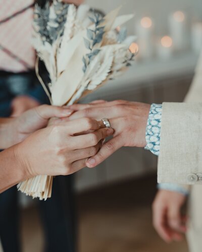 Bride putting ring on groom's finger