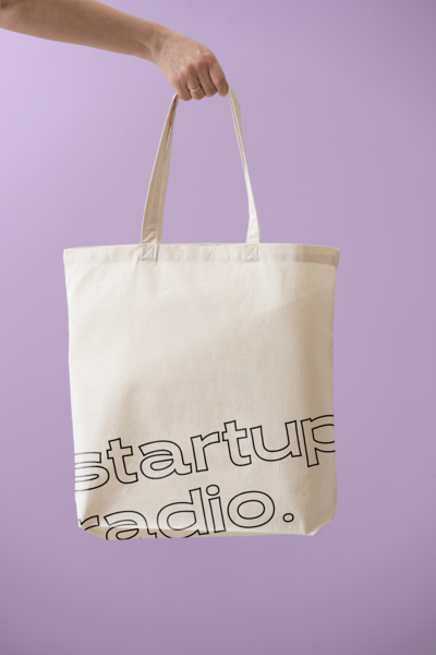 Branded merchandises tote bag for female business podcast Startup Radio