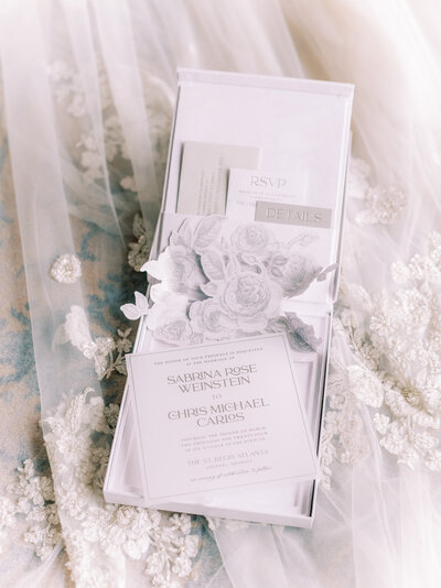 An acrylic wedding invitation in a custom velvet box