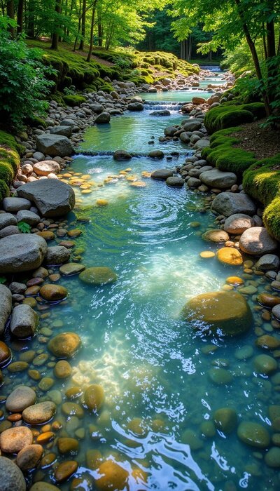 A tranquil creek in a forest symbolizing peaceful brain pathways