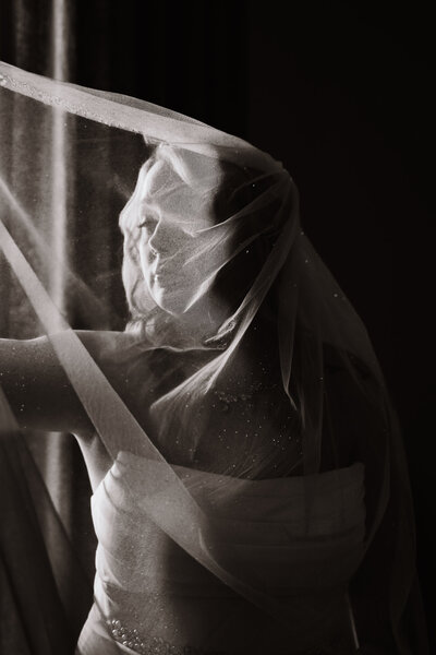 Moody black and white bridal portrait image taken in the Dothan, AL area