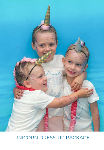 unicorn makeover dress up package with three friends hugging