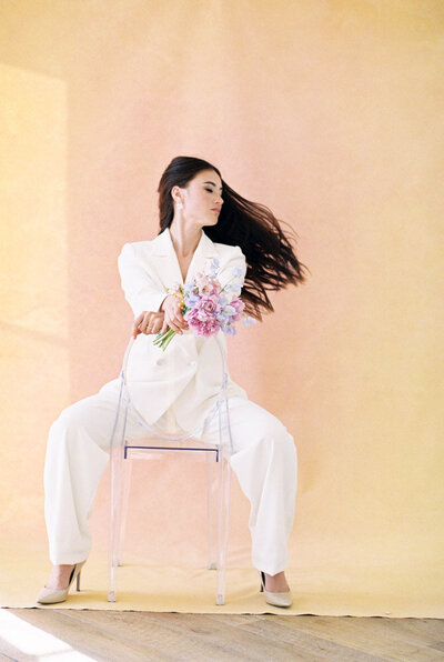 Ivory bridal suit, colorful hand painted backdrop, Bridal Editorial