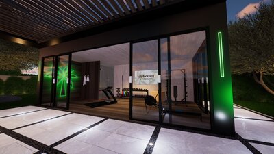 Indoor/outdoor gym in luxury modern backyard with natural wood floors.